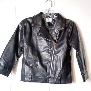 Girls 140 8-9 Black Faux Leather Jacket Motorcycle Moto Zip Up Coat Goth Biker
